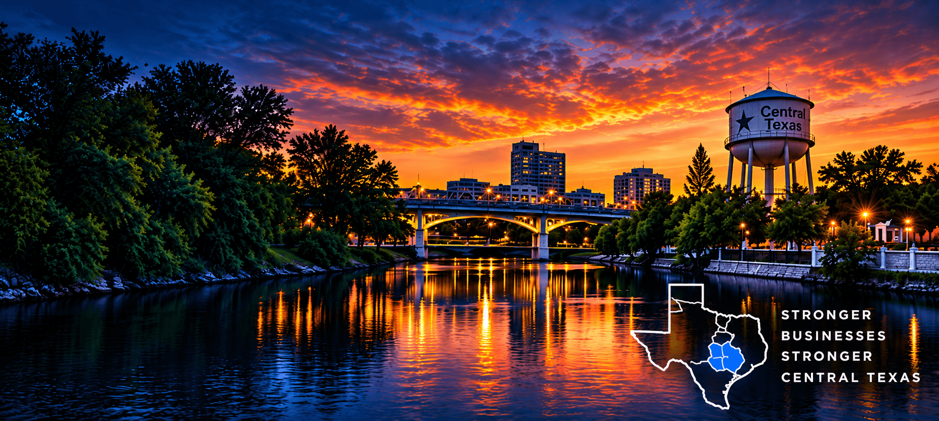 Central Texas skyline at sunset with the initiative identity and a Texas map