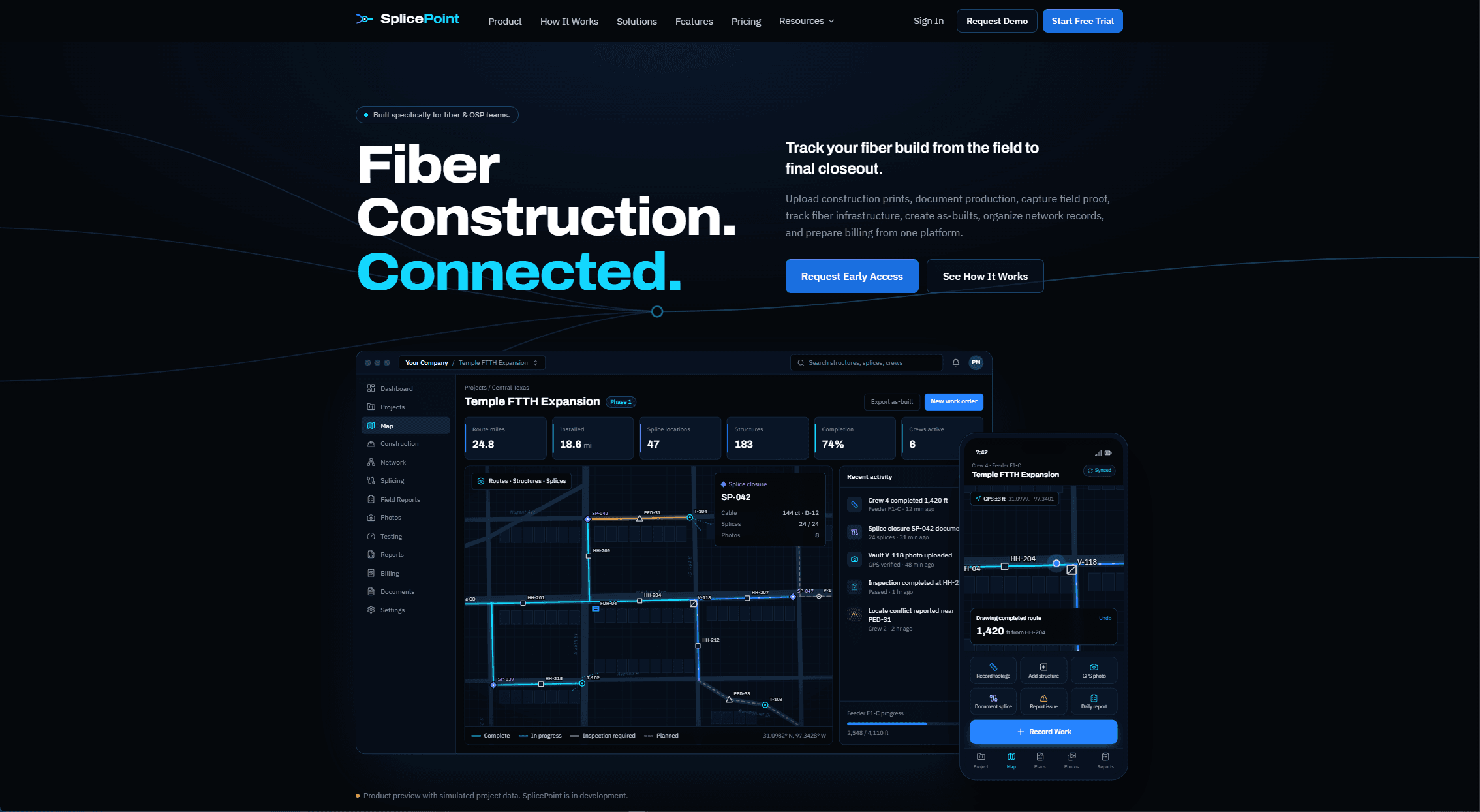 SplicePoint fiber construction platform shown on desktop and mobile